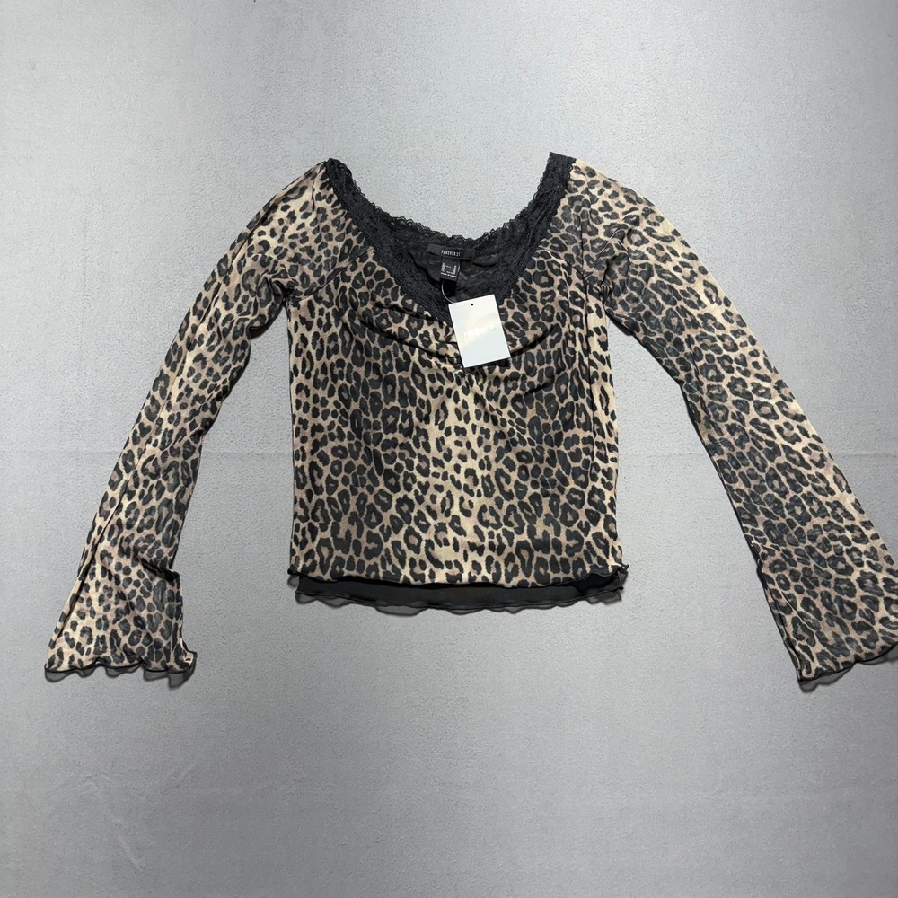 Leopard Print Mesh Top Lace Trim Bell Sleeve Ruched V-Neck Medium NWT